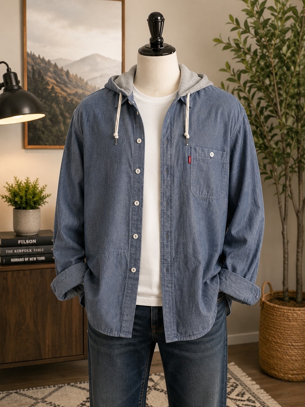 Levi's Blue Chambray Shirt Jacket with Gray Hood